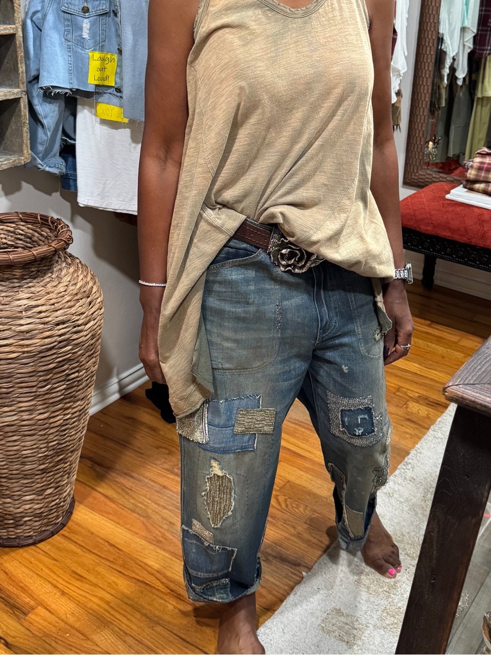 Ralph Lauren Distressed Blue Patchwork Beaded Jeans
